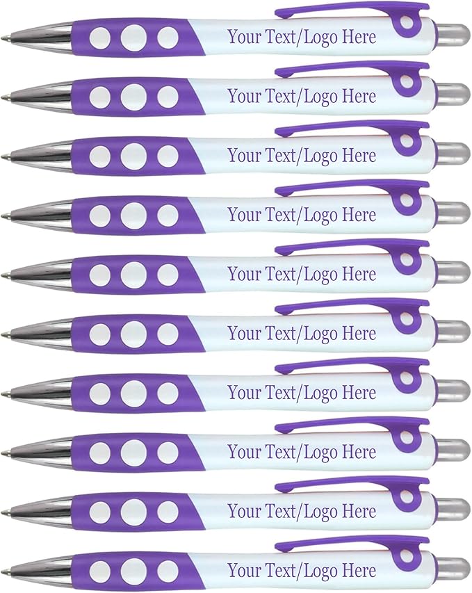 Personalized Ballpoint Pens With Custom Logo/ Text-350 Pack Bulk-for Businesses, Parties, & Events, Custom Printed, White Barrel with Matching Colored Clip and Grip, Click Pens, Black Ink, Purple