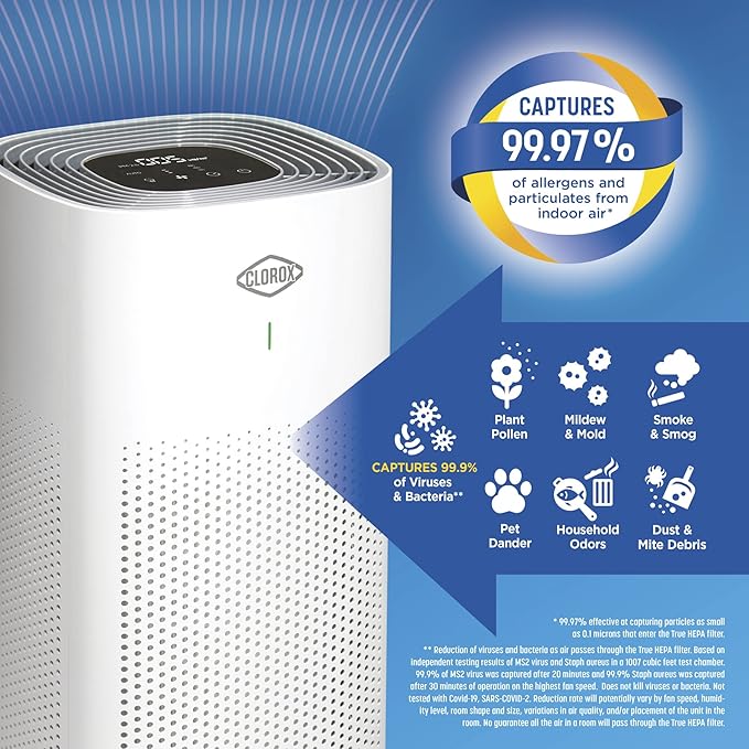 Clorox HEPA Air Purifiers for Home, True HEPA Filter, Medium Rooms Up to 1,500 Sq Ft, Removes 99.9% of Mold, Viruses, Wildfire Smoke, Allergens, Pet Allergies, Dust, AUTO Mode, Whisper Quiet