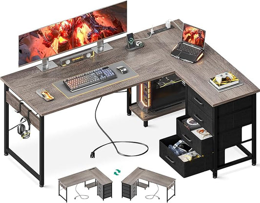 Casaottima L Shaped Desk with 4 Tier Drawers, 53" Gaming Desk with Power Outlets & USB, Reversible L-shaped Computer Desk with CPU Stand, Home Office Corner Table with Storage, Easy Assemble, Grey Oak