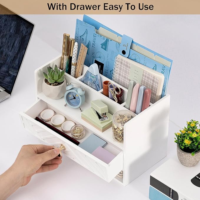 white Wood Desk Organizer and Accessories with Drawer, Bill Mail Organizer and File Mail Holder for Office Supplies, Desk Accessories & Workspace Organizers for Desk Organization