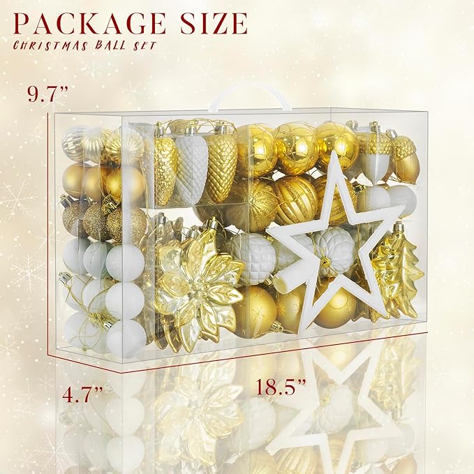 LARAINE Christmas Balls Ornaments 106 Pcs Decorations for Christmas Tree, Shatterproof Hanging Ball Variety Gift Set of Holiday Party Wedding Decoration (Gold&White)
