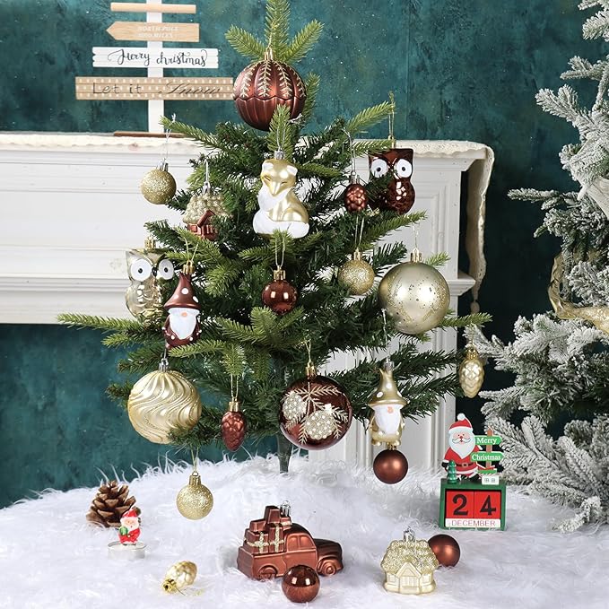 75PCS Brown and Gold Christmas Ornaments Set, Shatterproof Autumn Christmas Tree Ornaments, Assorted Hanging Ball Ornaments for Xmas Trees, Holiday, Thanksgiving, Party Decor(Brown & Gold)