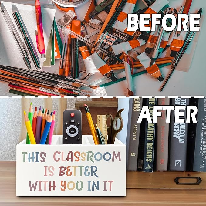 Boho Classroom Pen Pencil Holder Organizer for Desk, Inspirational Gifts, This Classroom is Better with You In It Wooden Box Sign for Home Office Desk Tabletop Decorations