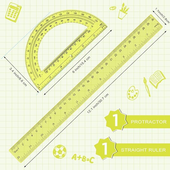 Zonon 2 Pack 12'' Plastic Ruler and 6'' Plastic Protractor Set Clear Ruler Protractor Set Math Geometry Supplies for School Classroom Home Office Drawing(Yellow)