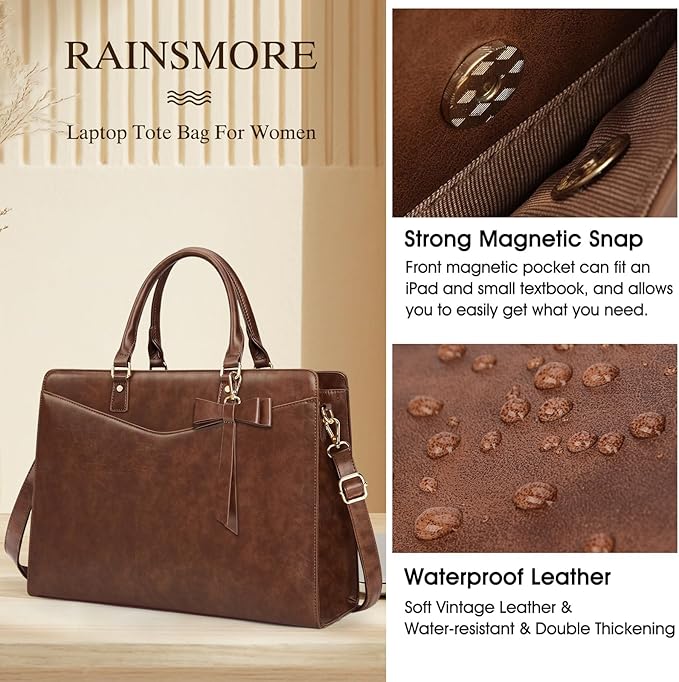 RAINSMORE Laptop Bag for Women 15.6 Inch PU Leather Laptop Tote Professional Business Office Work Bag Waterproof Briefcase Computer Tote Bag Large Lightweight Handbag Shoulder Bag