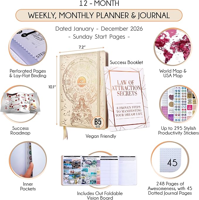 2026 Planner Weekly and Monthly | Law of Attraction Planner with Panduo App | A 12 Month Journey for Productivity, Gratitude & Goal Setting | Includes Foldable Vision Board, Gift Box & Stickers