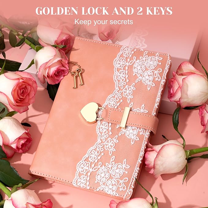 Lace Diary with Lock and Key for Women Girls 224 Pages Leather Password Journal with Lock A5 Locked Journals for Writing Note Taking, 5.6x 8.3, Pink