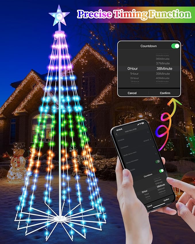 Brightever Smart Christmas Cone Tree, 7FT 295 LED Outdoor Christmas Tree Prelit with 16 Million RGB Light Show, APP/Remote Control Color Changing Music Sync Outdoor String Lights for Xmas Decorations