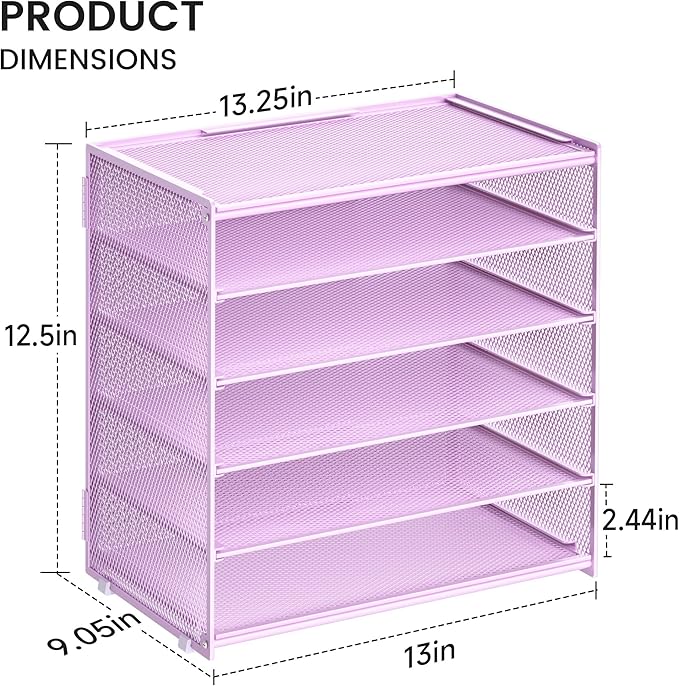 2 Pack 6 Tier Paper Organizer, Metal Mesh Desk File Folder, Letter Tray Organizer, Paper Sorter Desk Organizers for Office, Home or School File Folder Holder - Purple