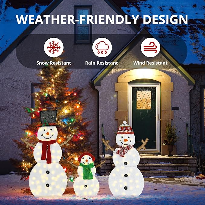 Lighted Snowman Family Outdoor Christmas Decoration, 48"| 42"| 24" H Pre-lit Snowman Lights Ornament, 2D Indoor Holiday Decor, 130 Warm White LEDs, for Yard, Lawn, Garden, Set of 3