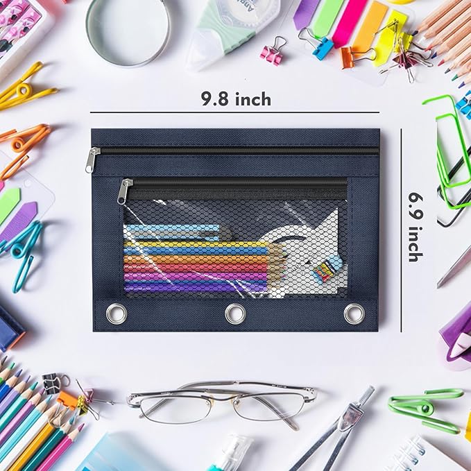 DoDoMagxanadu Binder Pencil Pouches, Pencil Pouch for 3 Ring Binder, Double Pocket Clear Window Pencil Case for Binder, Zippered Pencil Pouches with Rivet Enforced 3 Ring, 12 Pack