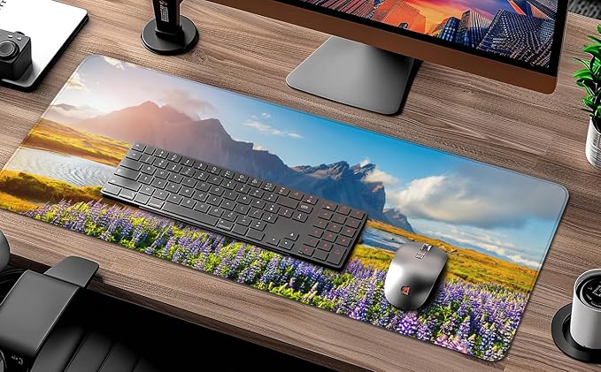 Landscape Gaming Mat, Rocky Mountain Mousepad, Iceland Desk Mat, Mountains Mouse Pads, 3mm Non-Slip Base and Stitched Edge, Wildflowers Keyboard Pad for Work, Home, 31.5 X 11.8 Inch