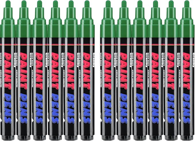 Green Paint Pens Paint Markers - 12 Pack Permanent Quick Dry Waterproof Marker Pens for Rocks Wood Fabric Plastic Canvas Glass Mugs Metal Tire Stone