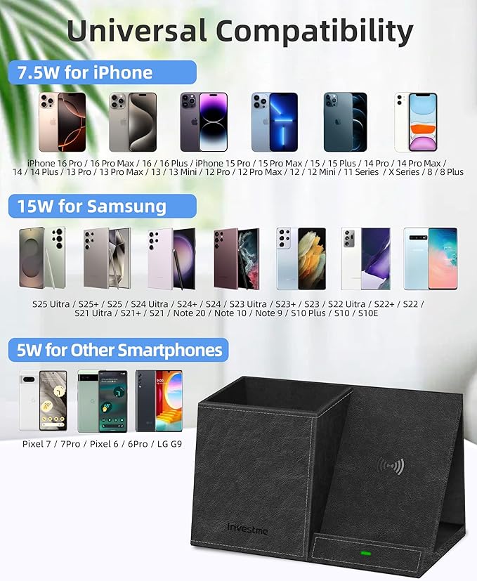 Pen Holder with Wireless Charger, Pencil Holder for Desk, Multi-Functional Desktop Organizer, Desk Organizers and Accessories for Home School Office Supplies, PU Leather Black