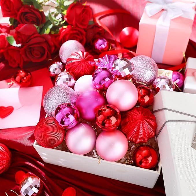 64 Pcs Christmas Ball Ornaments Glitter Red Hot Pink Ornament for Christmas Tree 1.6/1.97/2.4 Inch Shatterproof Assorted Size Xmas Baubles for Home Tree Holiday Party Supplies