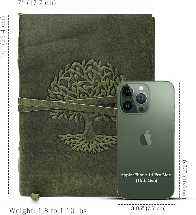 LUXEORIA Tree Of Life Leather Journal for Women and Men, Handcrafted Leather Journal for Writing Womens, Sketchbook, Travel Diary with Unlined Deckle Paper, Dark Green 7x10