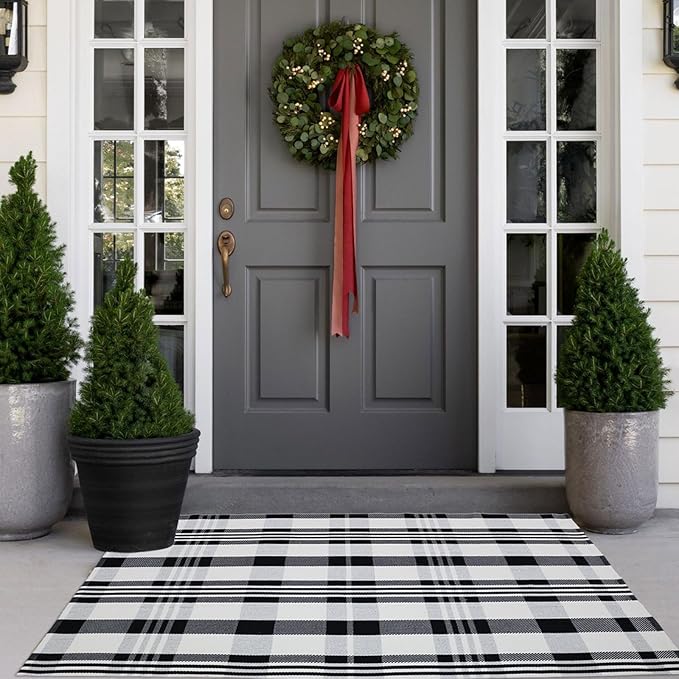 Fall Décor Plaid Rug, 3' x 5' Black&White Check Indoor/Outdoor Area Rug, Layering Rug for Hello/Welcome Door Mat, Machine Washable Cotton Woven Rugs for Farmhouse Front Porch, Entryway