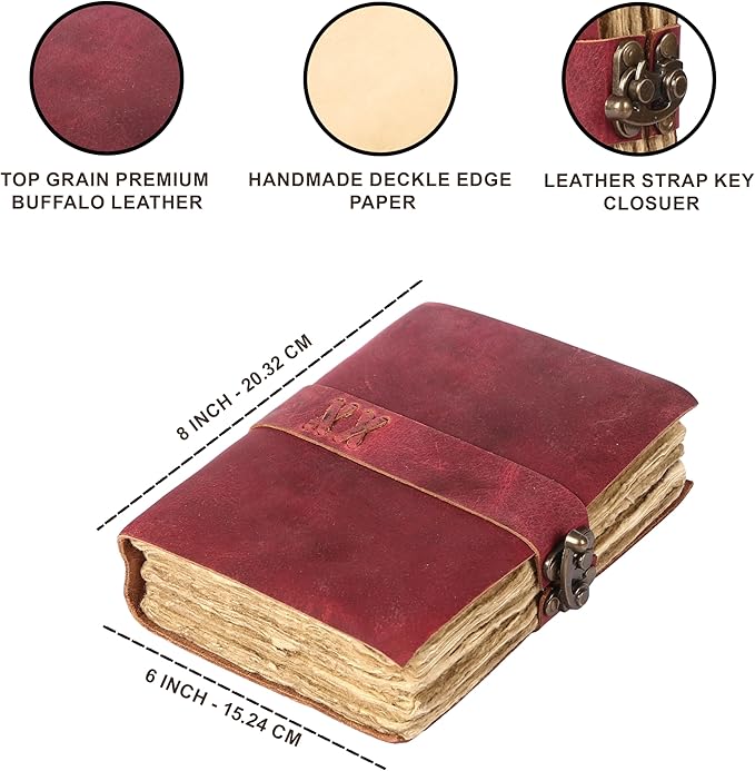 Vintage Leather Journal Handmade Buffalo Non-Refillable Deckle Edge Paper – Leather Bound Journal for Women, Men C-Lock Closure, Ideal for Writing & Travel for Artists (Solid Pink)