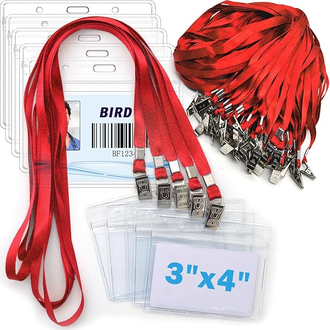 4x3 Name Tags Badge Holder with Lanyard 50 Pack Waterproof Horizontal ID Badge Holder and 50 Pcs Lanyards Nametag for Conferences, Events, and Meetings (Red, 4 X 3 inches)