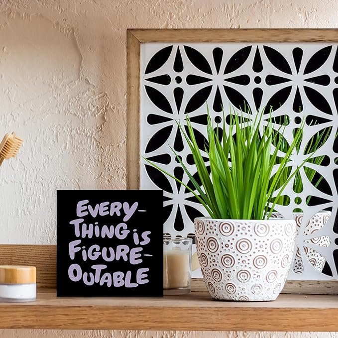 Inspirational Black Purple Office Decor, Every Thing is Figure Outable Motivational Office Accessories Wooden Box Sign, Inspirational Gifts for Women, Men Wall Desk Shelf Tabletop Decoration 5x5In