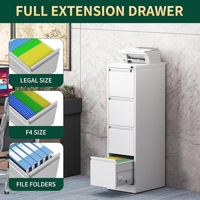4 Drawer File Cabinet with Lock, Steel Vertical Filing Storage Cabinet for Home Office, Heavy-Duty File Cabinets for Letters/Legal/A4 (Require Assembly, White)