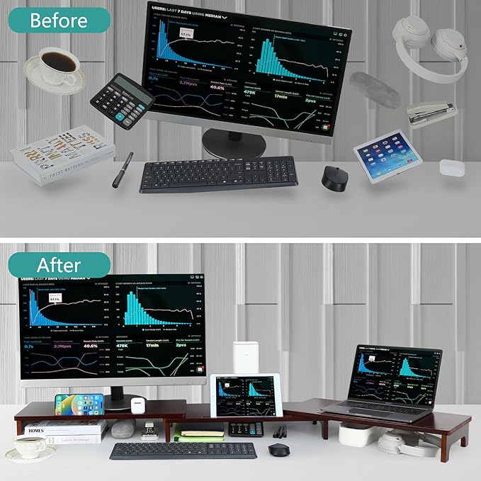 Nnewvante Large Dual Monitor Stand Riser, 60 inch Bamboo Monitor Stand with Adjustable Length and Angle, 3 Shelves Desktop Screen Riser for Computer Laptop PC, Walnut