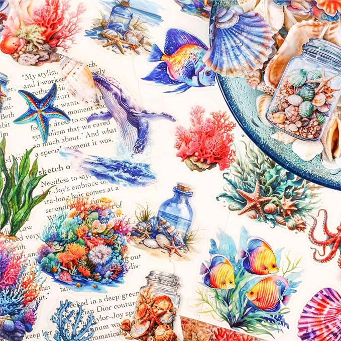 90 Pieces Ocean World Themed PET Sticker, Jellyfish Turtles Whales Dolphins Seahorses Sticker for Scrapbook DIY Crafts Planner Water Bottles Laptops