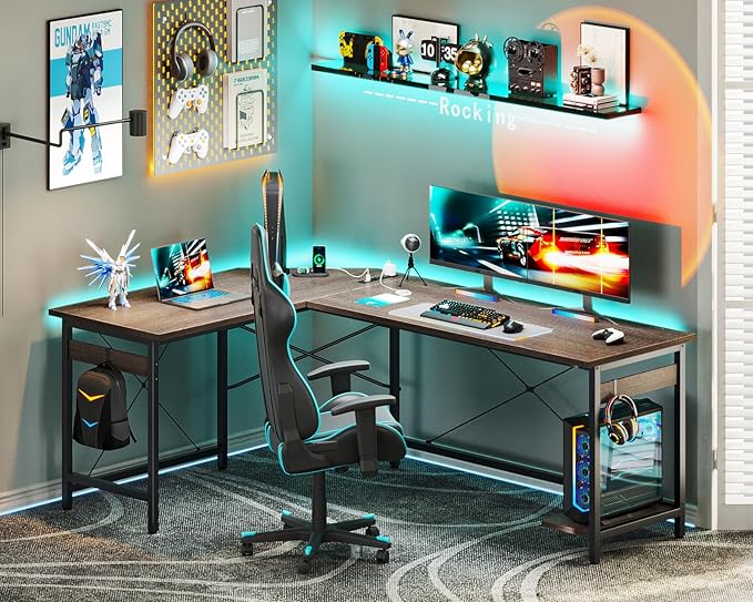 Coleshome 66" L Shaped Gaming Desk with Outlet, L Shaped Desk with CPU Stand, Corner Computer Desk, Home Office Desk, Writing Desk, Grey Oak