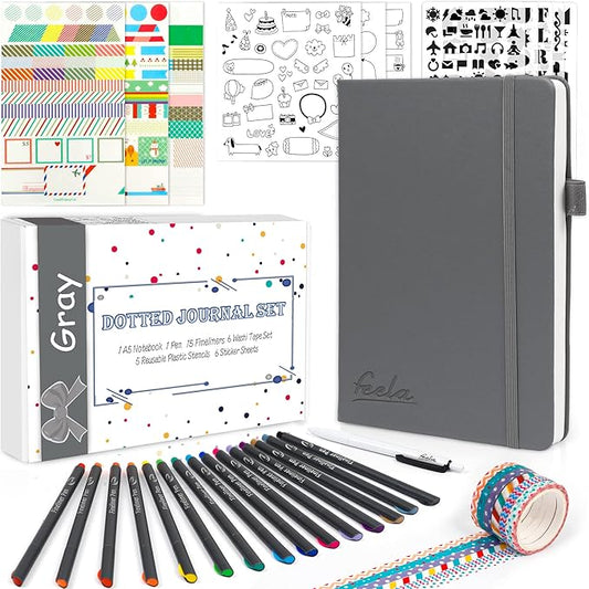 feela Dotted Journal Kit, Dot Grid Journal Hardcover Planner Notebook Set For Beginners Women Girls Note Taking with Journaling Supplies Stencils Stickers Pens Accessories, A5, 224 Pages, Gray