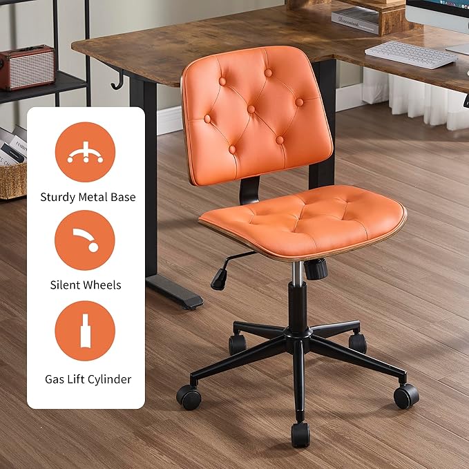 Small Home Office Chair - Armless Mid Back Desk Chair with 360° Swivel and Wheels, PU Upholstered Height Adjustable Modern Walnut Computer Chair for Home, Office Meeting Room - Orange
