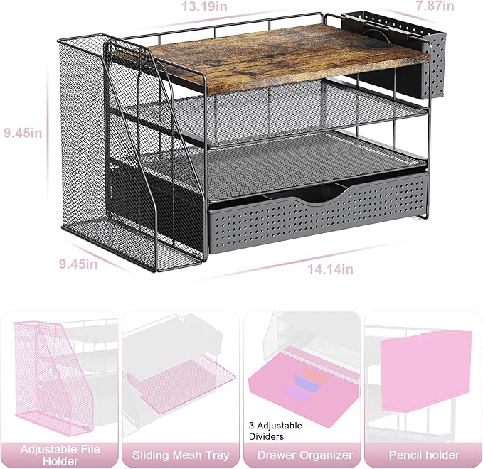 Wood Desk Organizers and Accessories with File Holder, 4-Tier Desk Accessories & Workspace Organizers with Drawer and Pen Holder, Paper Organizer for Office Supplies (Wood)