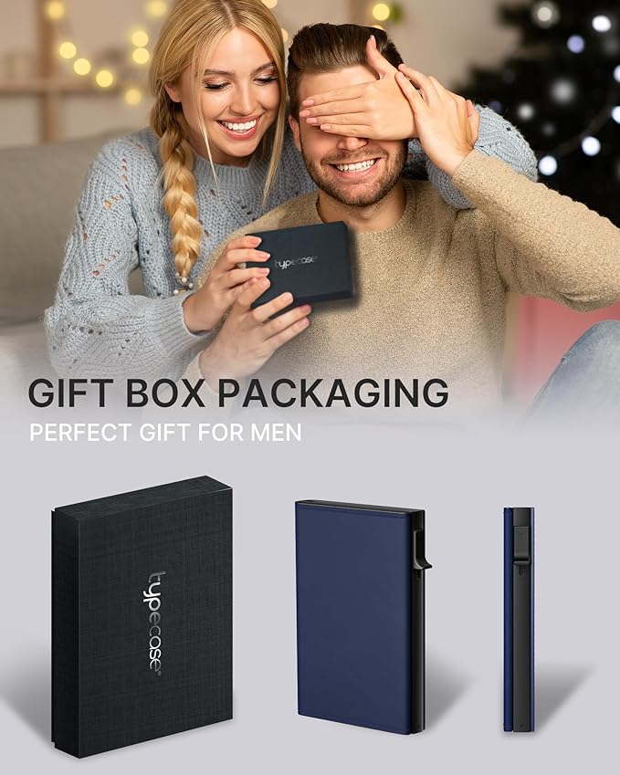 typecase Mens Wallet Card Holder: Pop Up Aluminum Case, Premium Genuine Leather, Smart, RFID Blocking, Slim, Minimalist, Front Pocket - 9-14 Card Capacity | ID Window | Cash Slot (Navy)