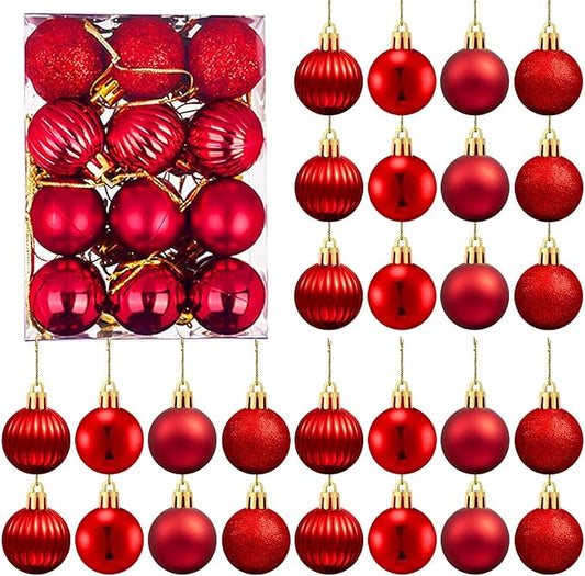 Set of 24 Small Red Christmas Ornaments Balls for Christmas Tree, 1.2 inch Mini Red Ornaments for Mini Tree, Tiny Plastic Shatterproof Hanging Bulbs Xmas Valentine Party Indoor Outdoor Decorations