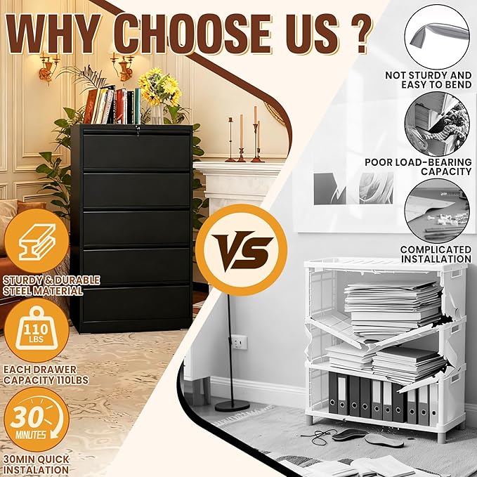 5-Drawer Lateral File Cabinet with Lock, Black Metal Filing Cabinet for Office or Home – Secure Storage for Letter/Legal/A4/F4 Documents, Easy to Assemble Locking File Organizer (Black, 5 Drawer-64"H)