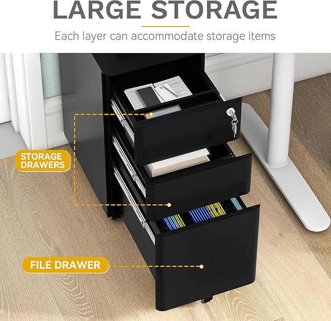 DWVO 3-Drawer Vertical File Cabinet, Mobile Filing Cabinet with Lockable, Pre-Assembled Compact Slim File Cabinet, Portable Office Storage for A4/Letter/Legal Documents (Black)