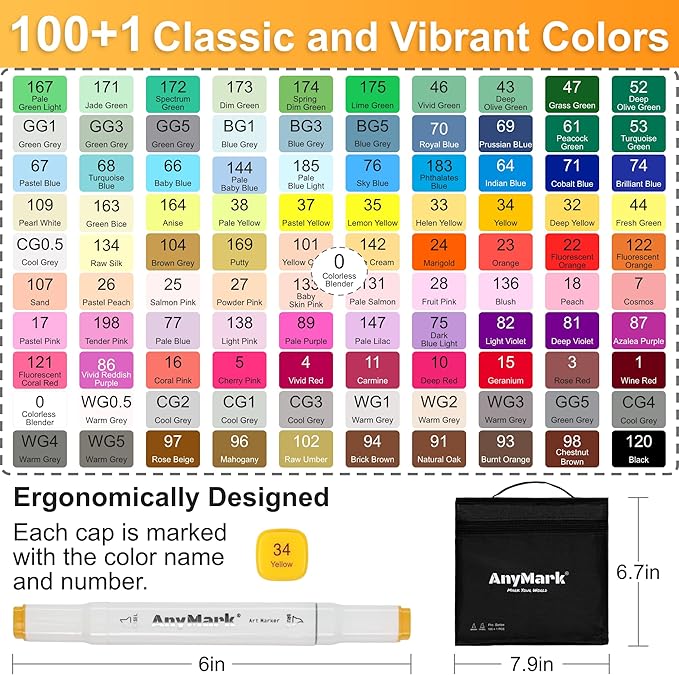 AnyMark Alcohol Markers Brush Tip, 100+1 Colors Dual Tip Brush & Chisel Alcohol-Based Art Markers Set with Case for Adult Artists Drawing Coloring