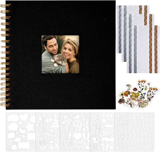 Vienrose 8x8 Inch Scrapbook DIY Small Hardcover Kraft White Pages Scrapbook Photo Album Linen Cover Scrap Book Photo Albums Scrapbooking Supplies Kit for Couple Family Wedding Travel Black