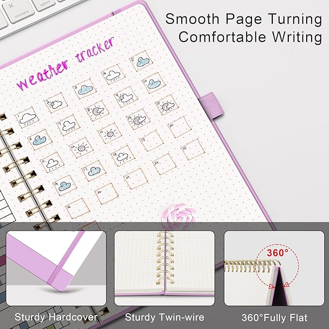 RETTACY Bullet Dotted Journal Notebook, 140 Pages, A5 Medium Size (5.7'' x 8.3''), Hardcover, 100 GSM Thick Paper, for Bullet Journaling, Planning, Tracking (Lilac)