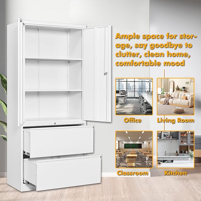 STANI 2 Drawer Lateral File Cabinet, Metal Storage with Drawers, Locking File Cabinet with Shelves, Metal Storage Cabinets for Letter/Legal/F4/A4 Size Files