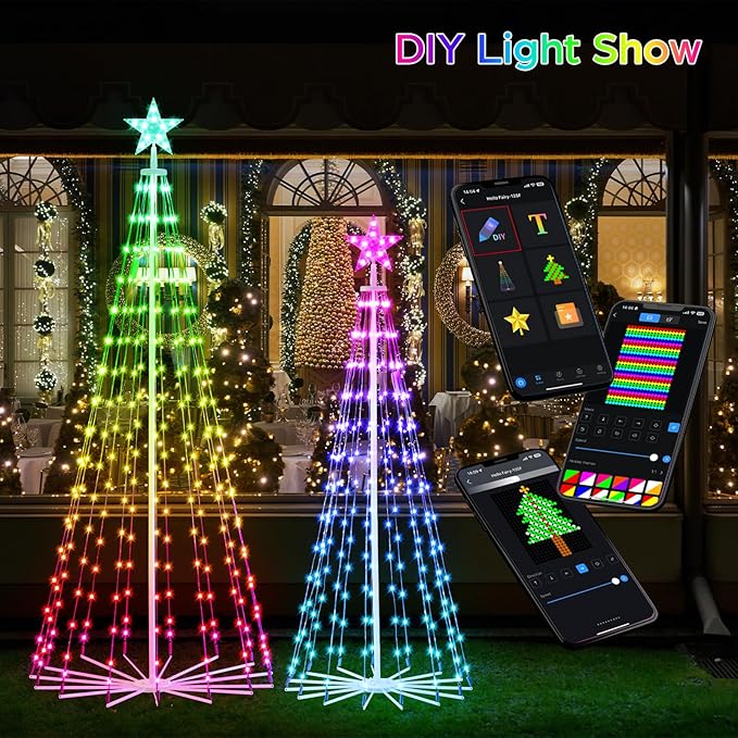 Smart Christmas Tree Lights with App & Remote Control, RGB Color Changing LED Cone Tree Lights, Music Sync, Custom Light Show, Waterproof Outdoor Decoration for Xmas, New Year, Parties (Set 2：5FT+6FT)