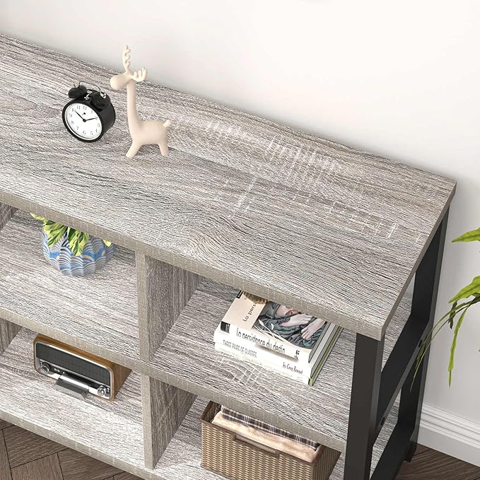 FOLUBAN 6 Cube Storage Organizer with Shelf, Industrial Horizontal Low Cubby Bookcase, Wood and Metal Bookshelf for Living Room Bedroom (Light Grey, 47 Inch)