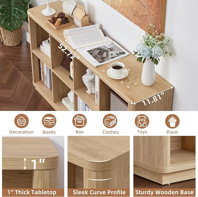 8 Cube Storage Book Shelf, 52" Long Horizontal Bookshelf with Curved Edge, Floor Standing Wooden Cubby Bookcase with Base, Modern Low Console Book Case, TV Stand for Living Room, Natural Oak