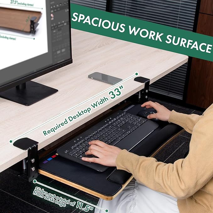 D'vine Dev Under Desk Keyboard Tray with Wrist Rest Bamboo Wood Keyboard Drawer and Mouse Pad, Original Wood, KBT-1