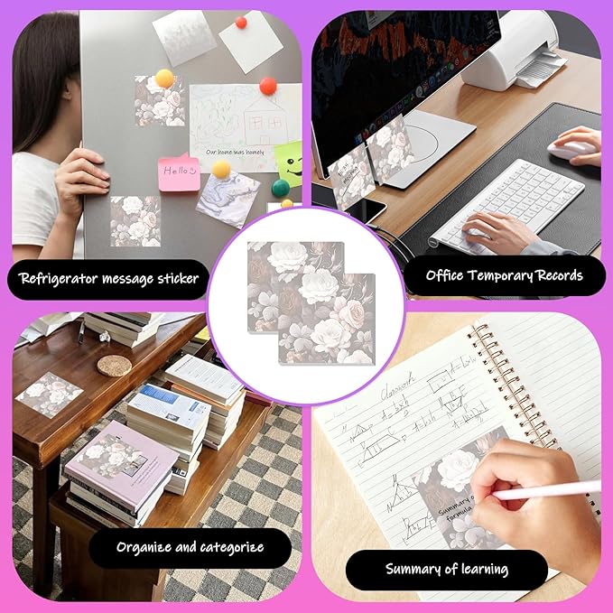 Sticky Notes 3x3 Inches, 2 Pads Cute Colorful Self-Stick Note Pads, Easy to Post for Home, Office and Daily Life Organization Luxuious Peony