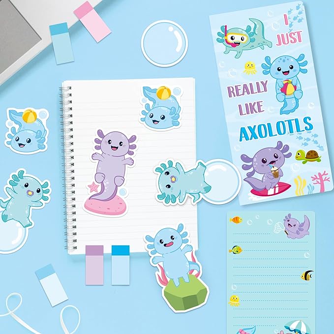 Xqumoi I Just Really Like Axolotl Sticky Notes Set, Animal Mexican Walking Fish Shaped Self-Stick Notes Pads Writing Memo Pad Page Marker Bookmarks Back to School Office Supplies Party Favors (Blue)