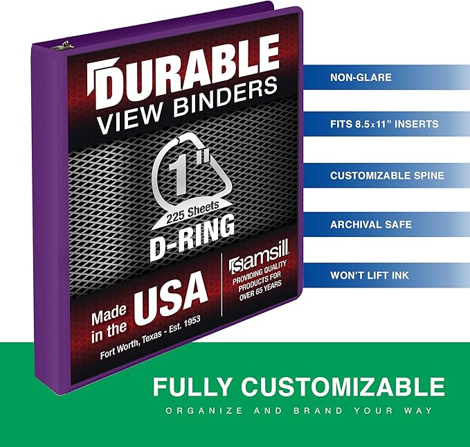 Samsill Durable 1 Inch Binder, Made in The USA, D Ring Binder, Customizable Clear View Cover, Plum Purple, Holds 225 Pages