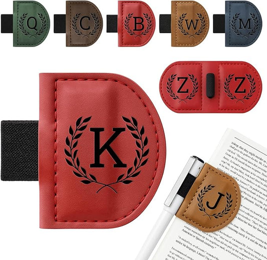 Personalized Bygone Mark Bookmark with Pen Holder,Engraving Leather Magnetic Bookmarks Vintage 26 Letters Name Initials Text Book Marker Clips Gifts for Reading Book Lovers Women (Red, K)