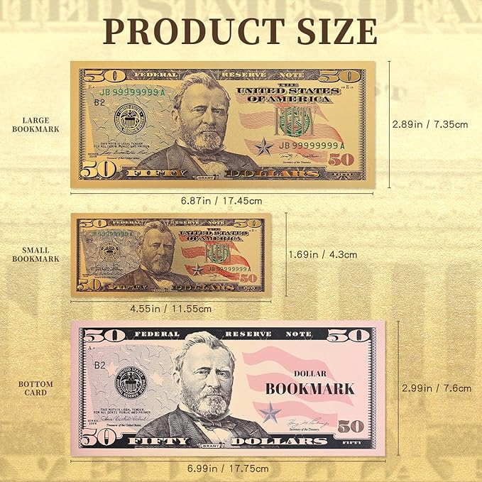 6 PCS Dollar Bill Bookmarks, Cool Waterproof Bookmark, Fancy Book Marks for Book Lovers Reading Women Writers Children, Birthday Gifts for Readers, Reading Accessories, Large & Small Sizes for Books