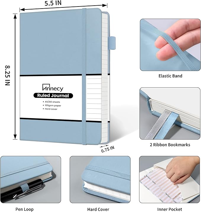 Annecy Lined Journal Notebook, Hardcover Leather Journal for Women & Men, 160 Numbered Pages, Medium 5.5" x 8.25", 100 GSM Thick Paper, Haze Blue