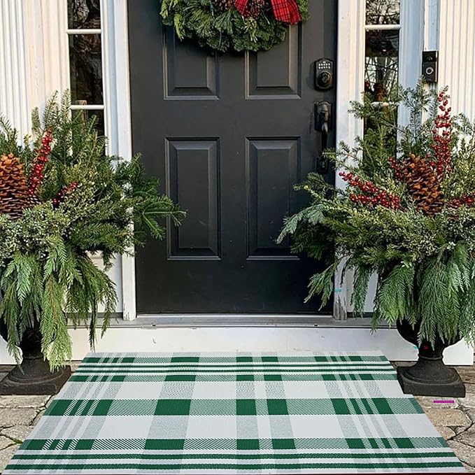 Christmas Plaid Outdoor Rug, 2'4" x 3'7" Green&White Checkered Indoor/Outdoor Area Rug, Layering Rug for Hello/Welcome Door Mat, Machine Washable Cotton Woven Rug for Farmhouse Front Porch,Entryway